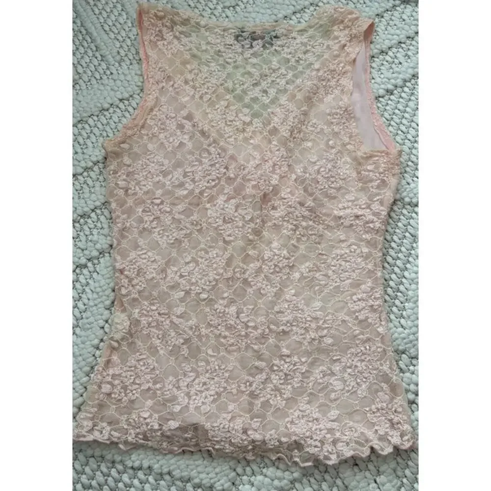 Womens Vintage Inspired Pink Lace Fitted V Neck Tank Top Size Medium